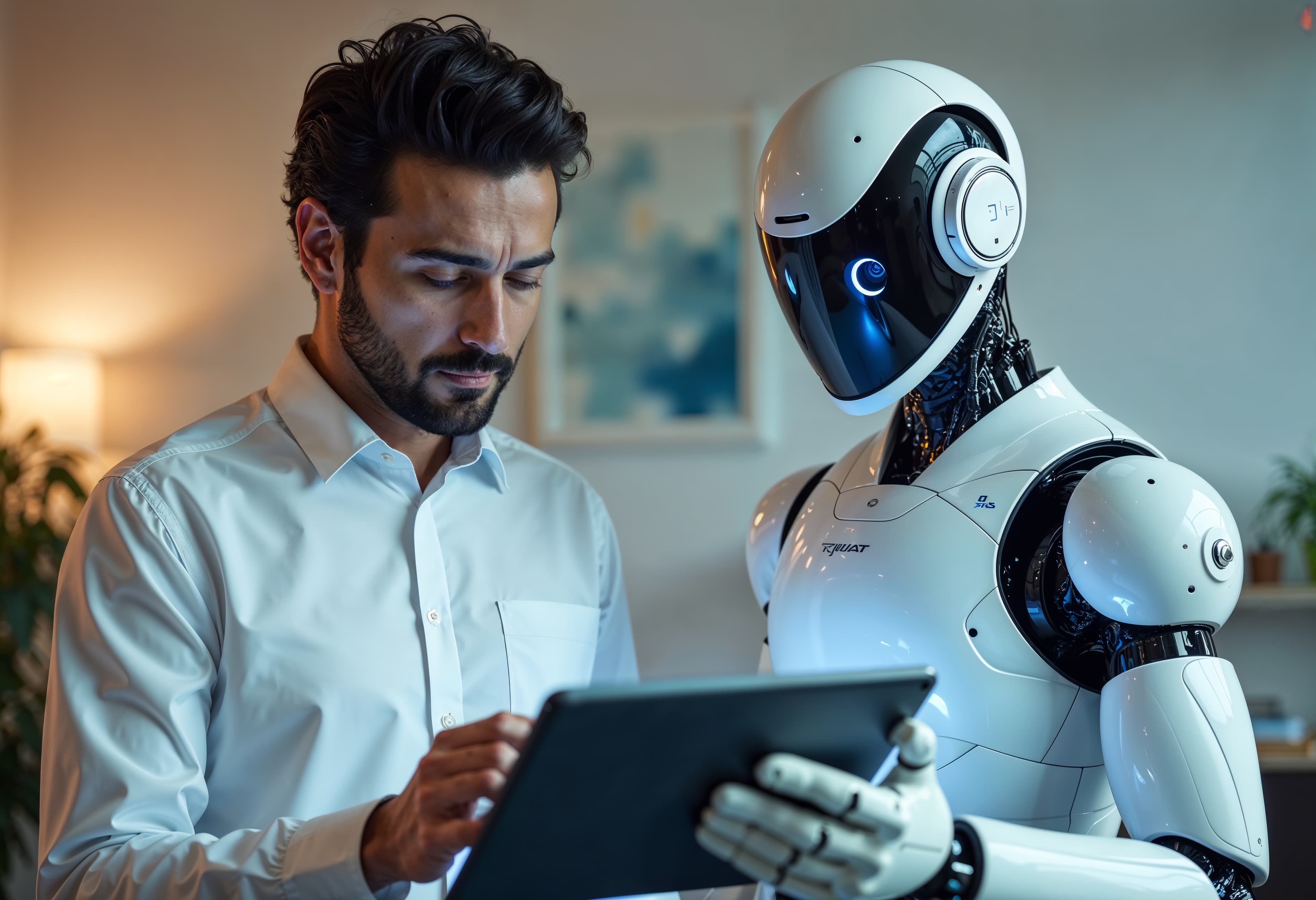 Homem e um robô humanóide olham juntos para um tablet, num interior moderno.